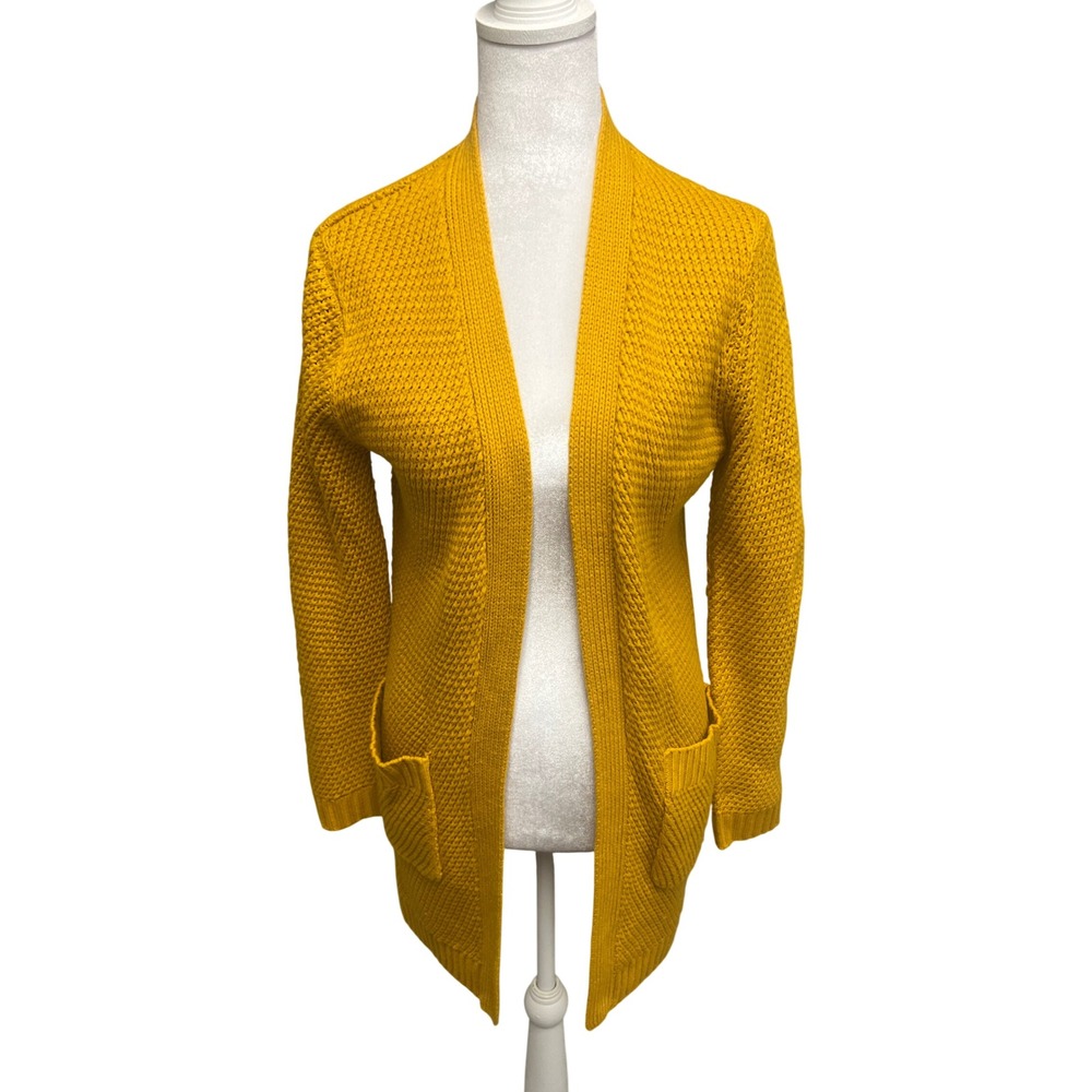 Forever 21 Cardigan Sz S Yellow Mustard Waffle Knit Open Longline Indie Boho